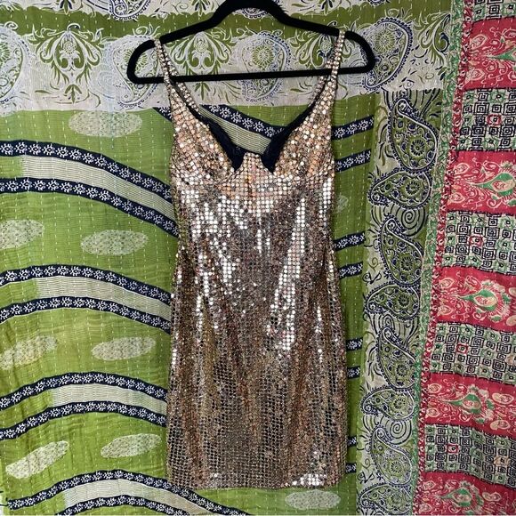 Vintage 80s Shirley of Hollywood Gold Sequin Mini Dress Size Large - Picture 1 of 14